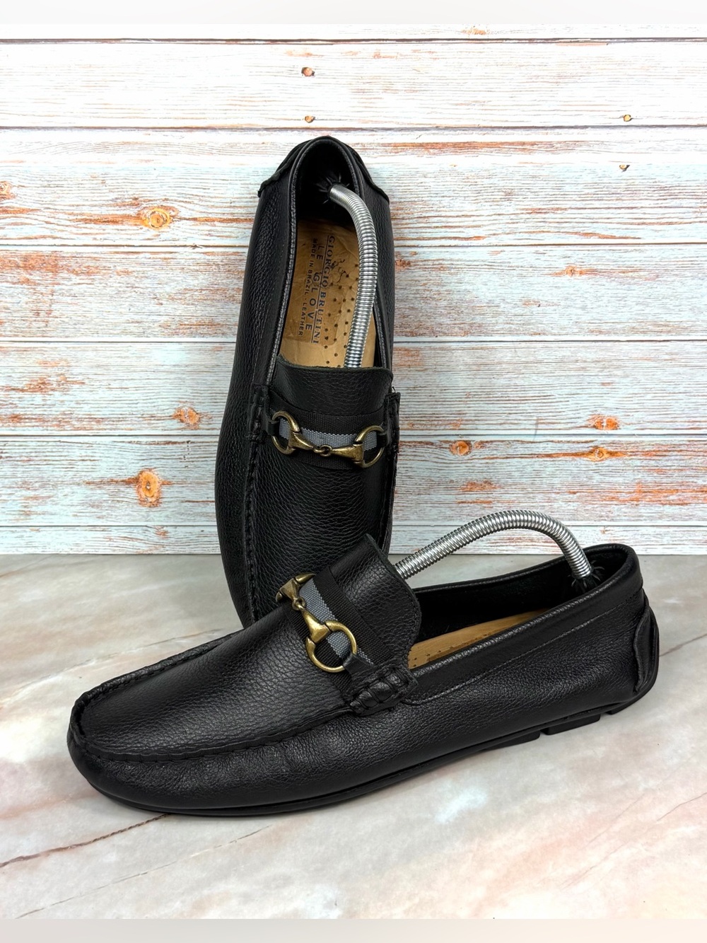 Giorgio Brutini Le Glove Black Pebbled Leather Slip-On Horsebit Driving Loafer